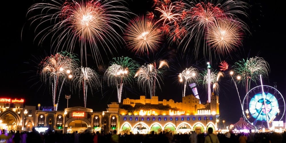 Fireworks display at Global Village Dubai 2025 lighting up the night sky