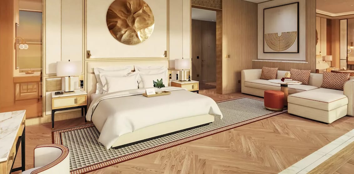 Luxury hotel room at Jumeirah Marsa Al Arab in Dubai with modern design and king bed for a 2025 upscale stay.