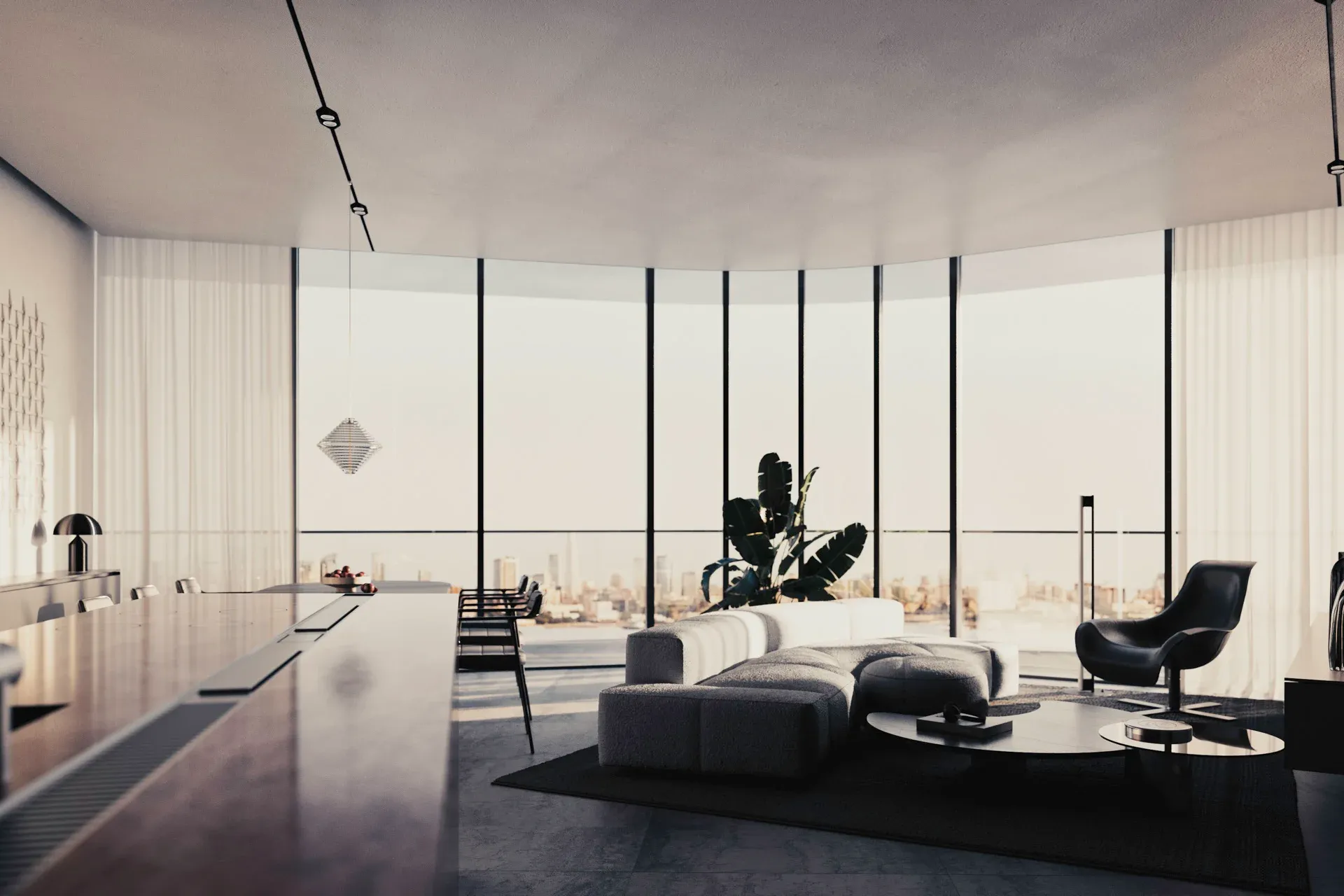 Modern luxury apartment interior at Brabus Island, featuring panoramic windows and Abu Dhabi skyline views.