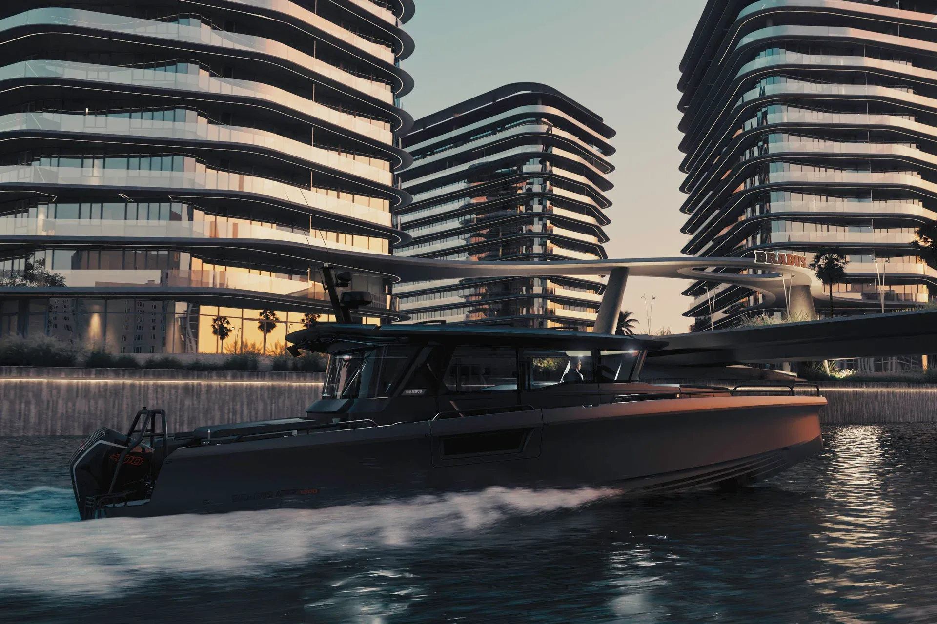 Luxury Brabus yacht cruising by waterfront towers of Brabus Island residential development in Abu Dhabi at sunset.