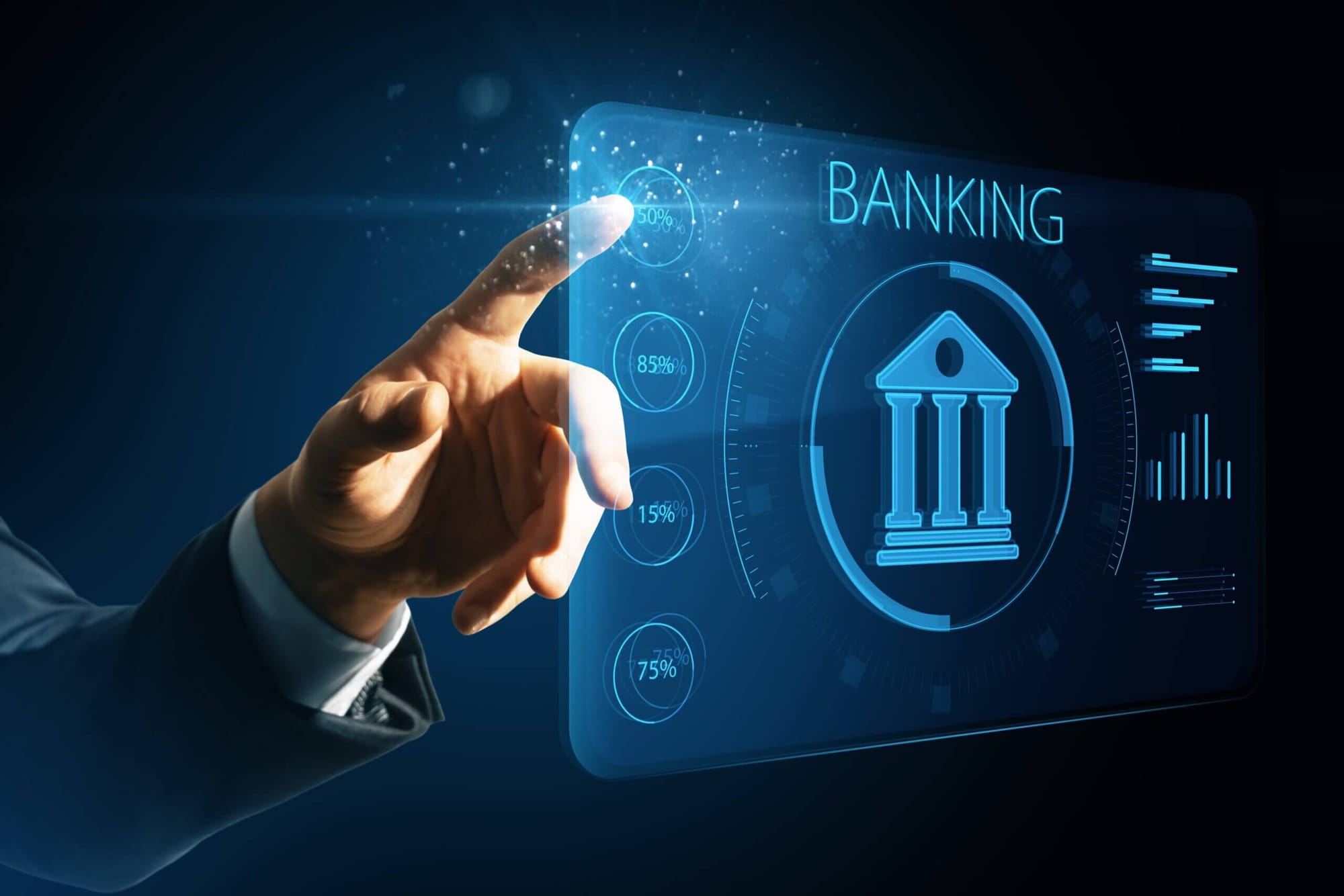 Hand interacting with digital banking interface on touchscreen