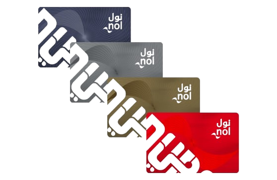 Four Nol Card types in Dubai – Blue, Silver, Gold, and Red – used for metro, tram, and bus fare payments across the city.