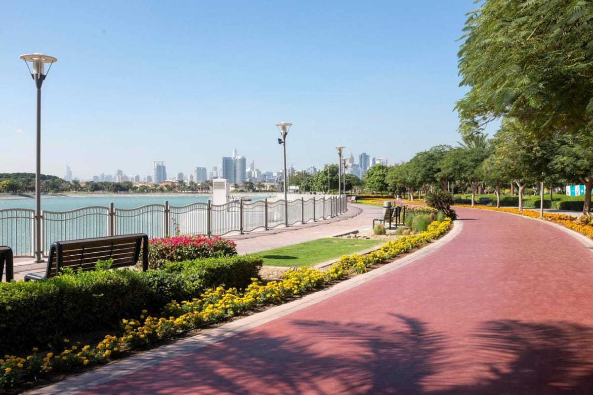 Al Barsha Pond Park jogging track with lakefront view, greenery, and Dubai skyline in the background.
