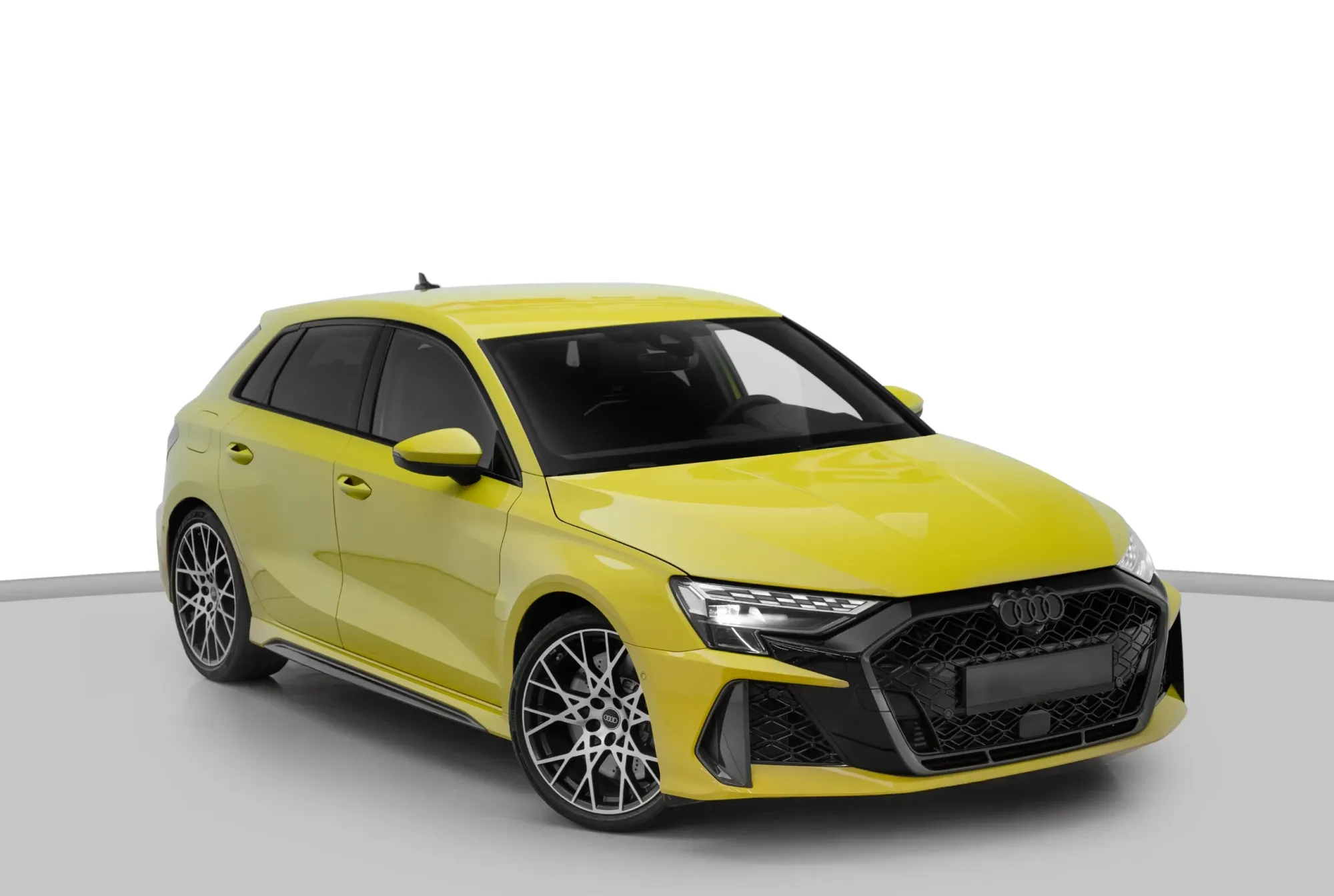 2024 Yellow Audi RS3 Sportback Front Angle – High-Performance Hatchback Available for Rent in Dubai