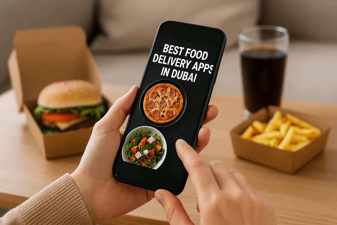 Person browsing best food delivery apps in Dubai on phone with burger, fries, and soda on the table in the background.