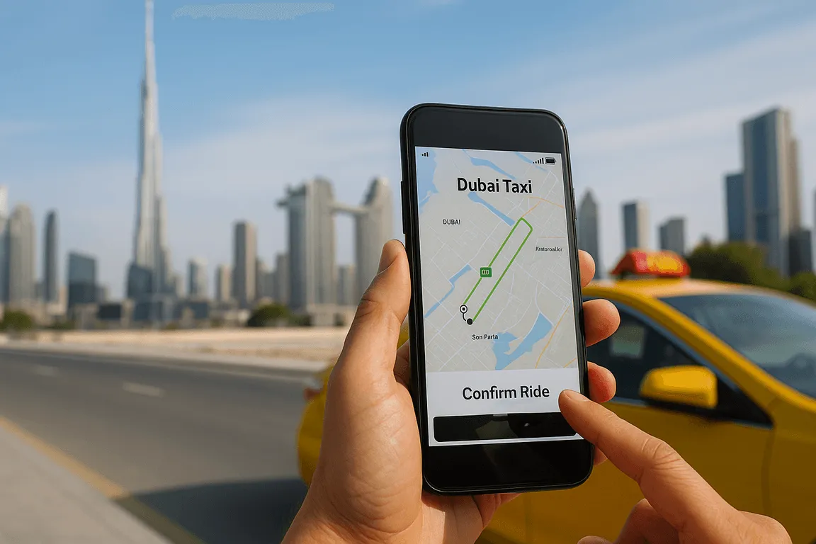 Person using Dubai taxi booking app on smartphone with yellow cab and Burj Khalifa in the background.