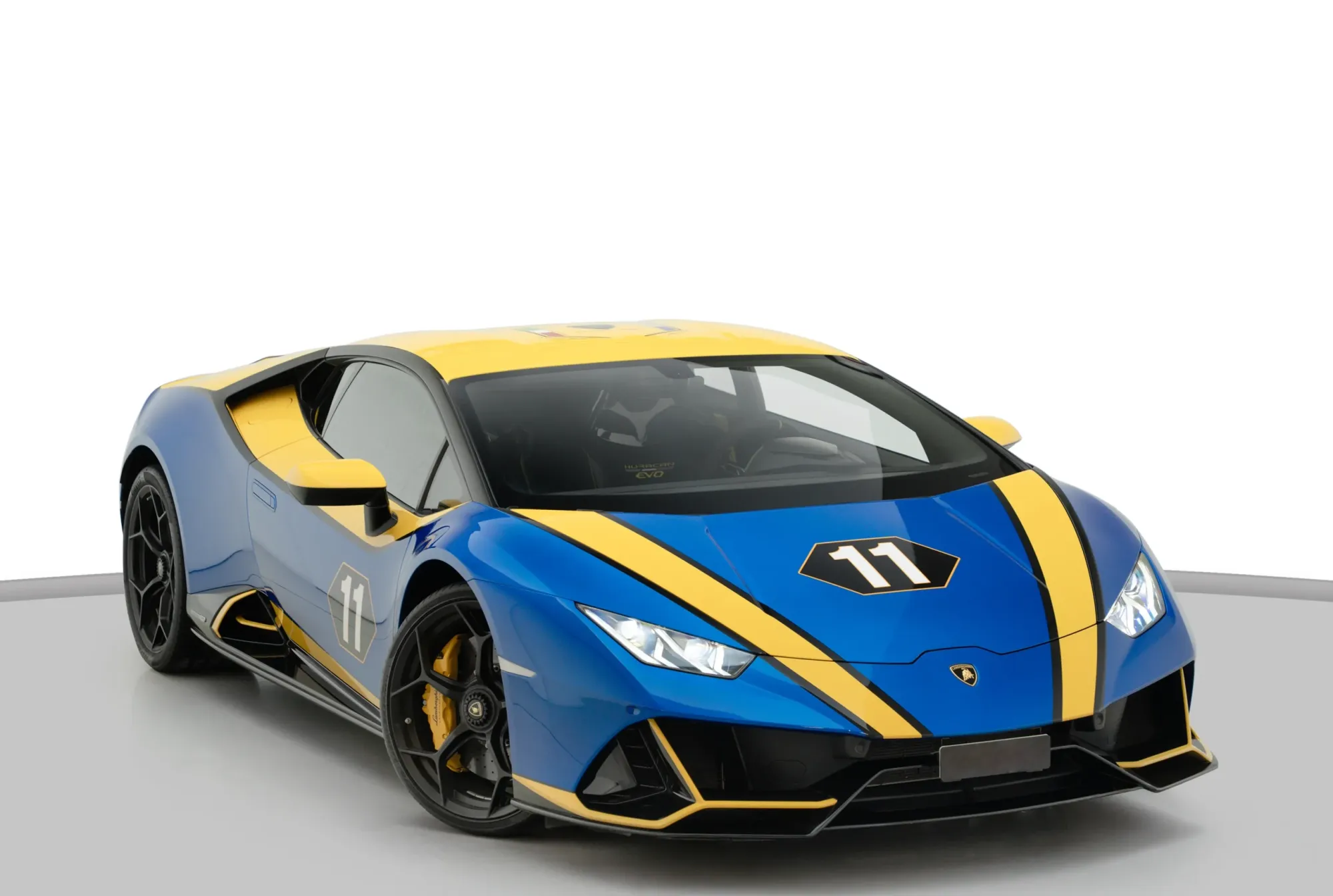 Front view of Lamborghini Huracan Evo GT Celebration (1 of 36) in blue/yellow – available for rent in Dubai from Solid Cars