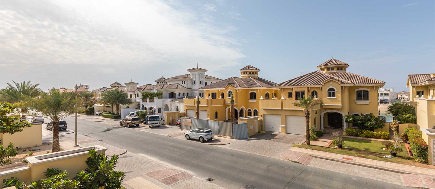 Luxury villa community in Dubai with palm-lined streets and upscale homes, ideal for real estate investment in 2025.