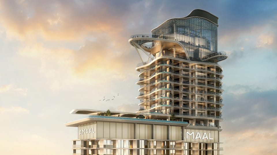 Amaal Tower in Dubai, showcasing modern ultra-luxury high-rise architecture with a futuristic design.