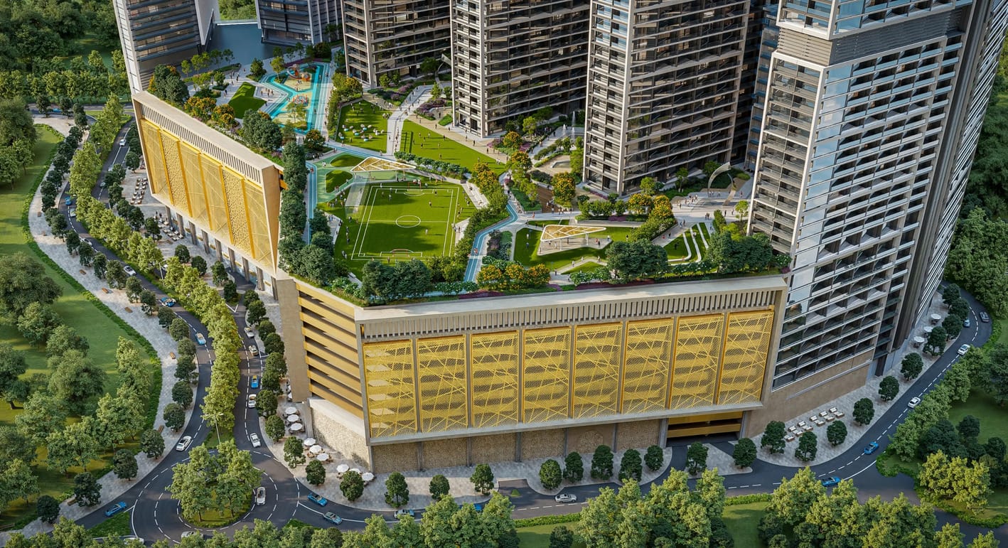Rooftop garden and sports amenities at Sobha Central Dubai, featuring a football field, pool, and lush landscaped areas.