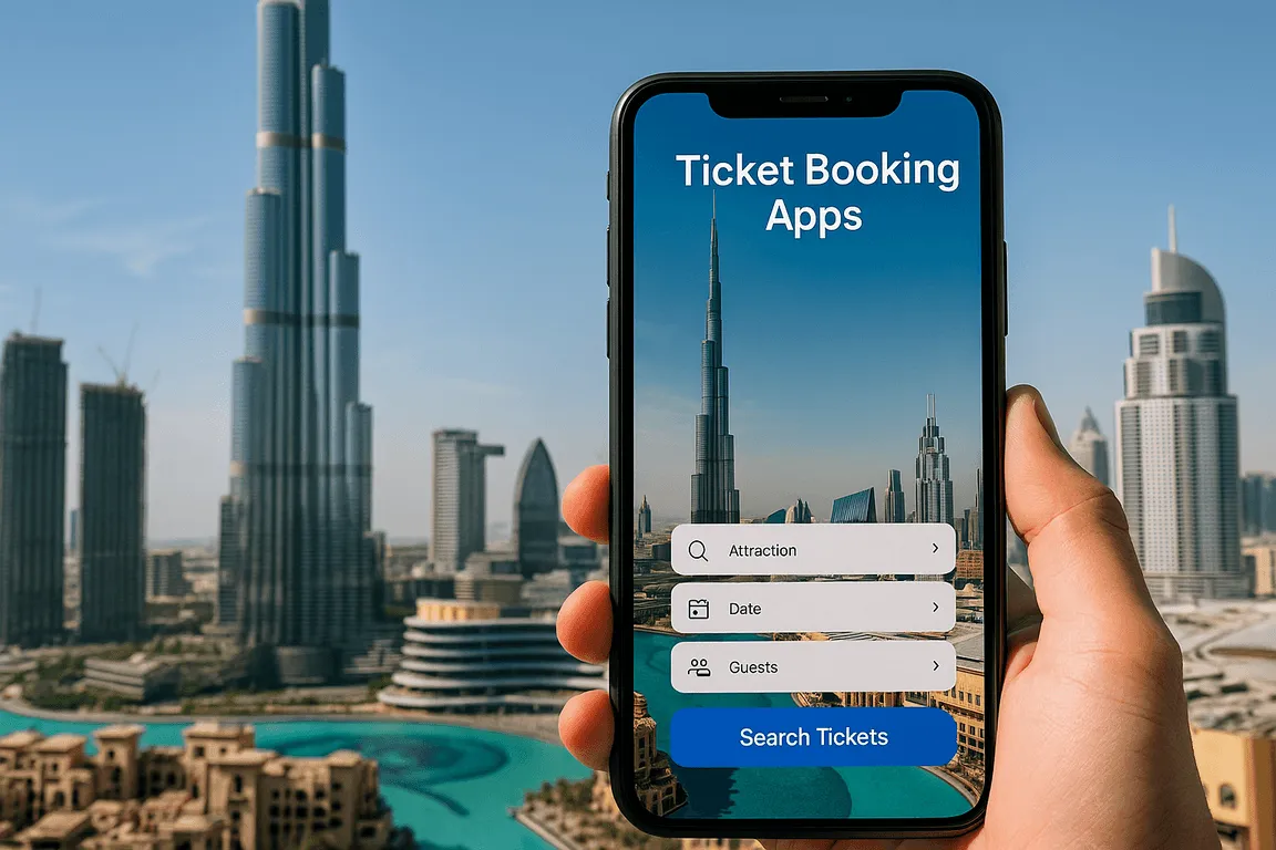 Hand holding phone with ticket booking app open, Burj Khalifa and Dubai skyline in the background on a sunny day.