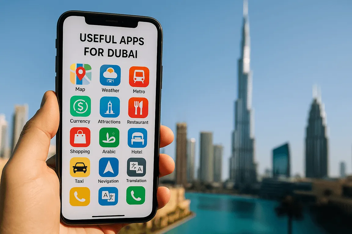 Hand holding phone showing useful apps for Dubai travel with Burj Khalifa and city skyline in the background.