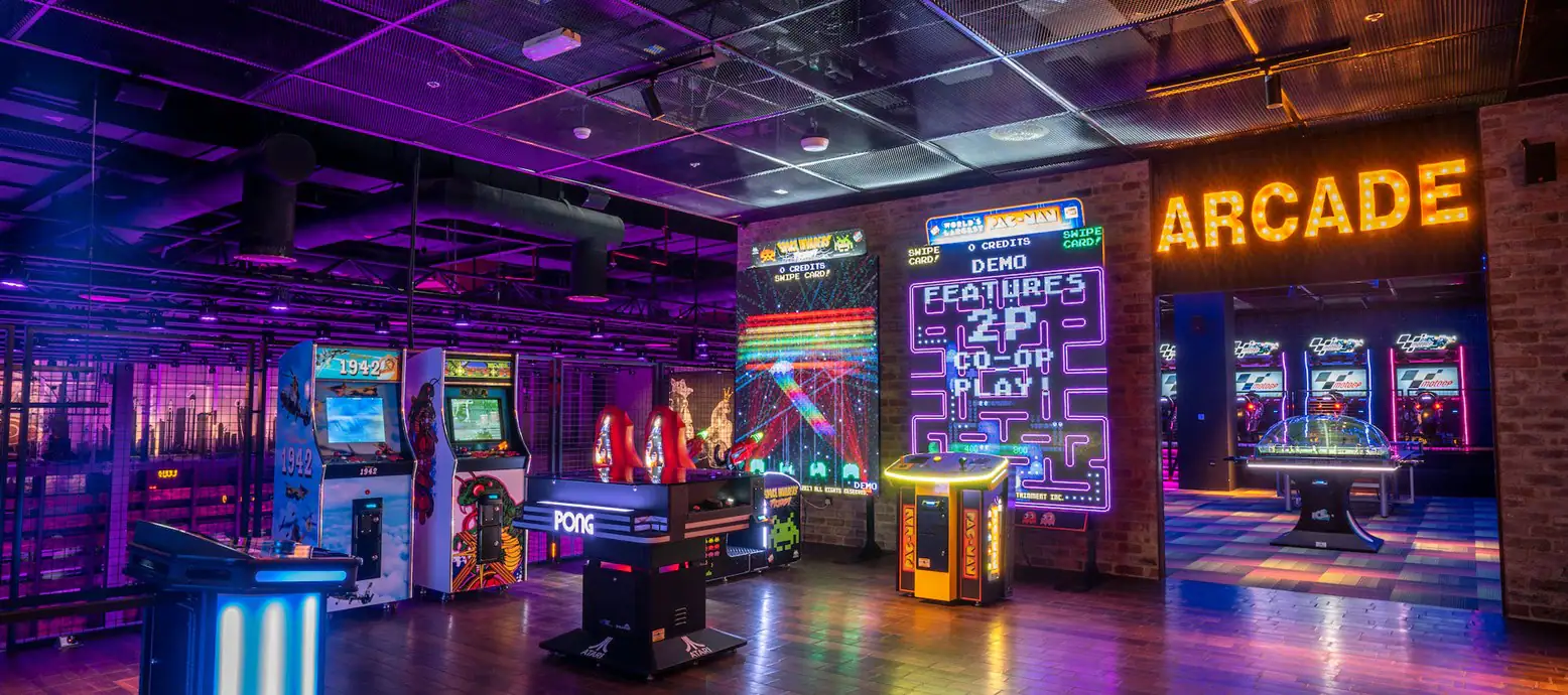 Brass Monkey arcade in Dubai with neon lights, retro video games and entertainment at Bluewaters Island