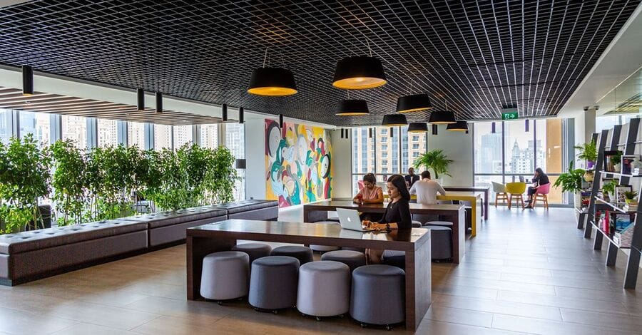 Modern coworking office in Dubai with shared tables, greenery, colorful mural, and city view windows