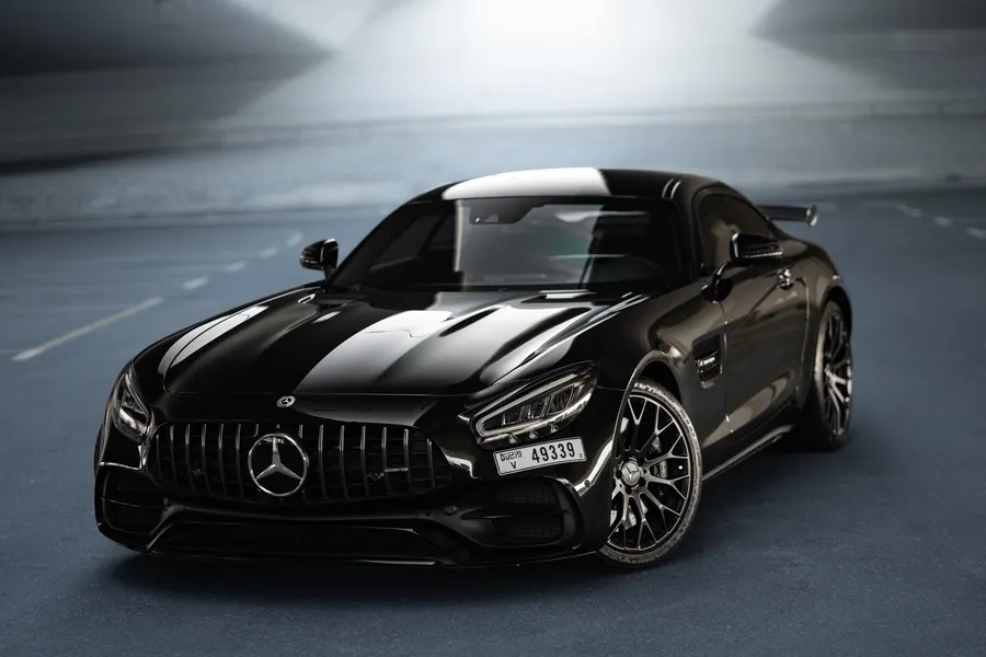 Black Mercedes-AMG GT Night Edition at Solid Cars, luxury coupe rental in Dubai with instant booking and no deposit required