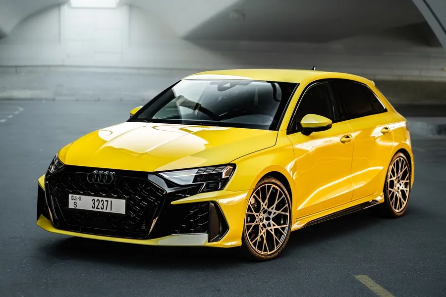 Blue Audi RS3 Sedan available at Solid Cars, luxury car rental in Dubai with 24/7 delivery and zero deposit