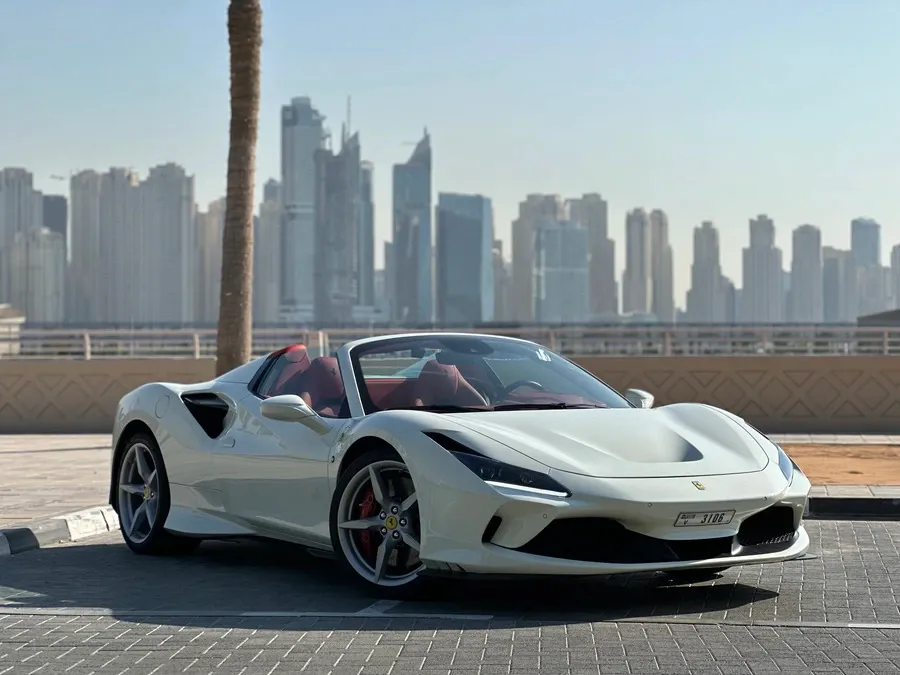 White Ferrari F8 Spider at Solid Cars, luxury convertible rental in Dubai with instant booking and zero deposit required