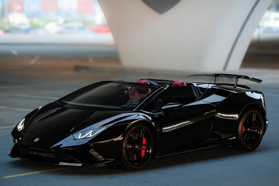 Black Lamborghini Huracán EVO Spyder at Solid Cars, luxury convertible rental in Dubai with zero deposit and 24/7 booking