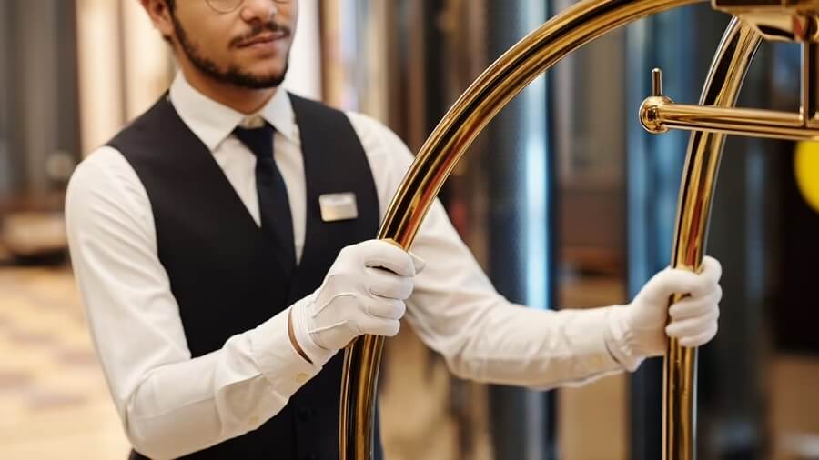 Hotel bellboy in uniform with gloves pushing luggage trolley, representing tipping etiquette in Dubai hotels.