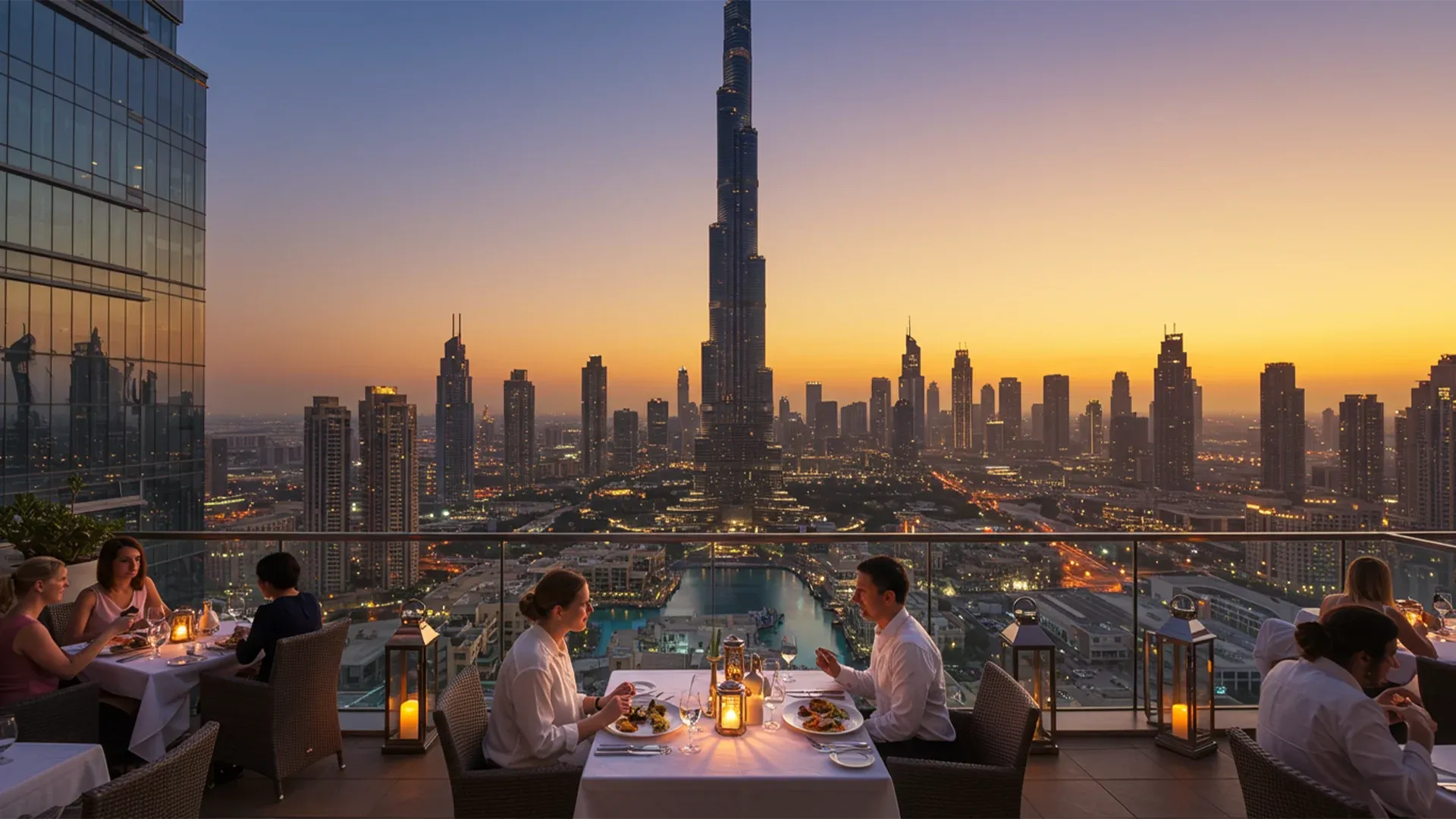 Couples enjoying Friday rooftop brunch in Dubai with sunset views of Burj Khalifa and Downtown skyline