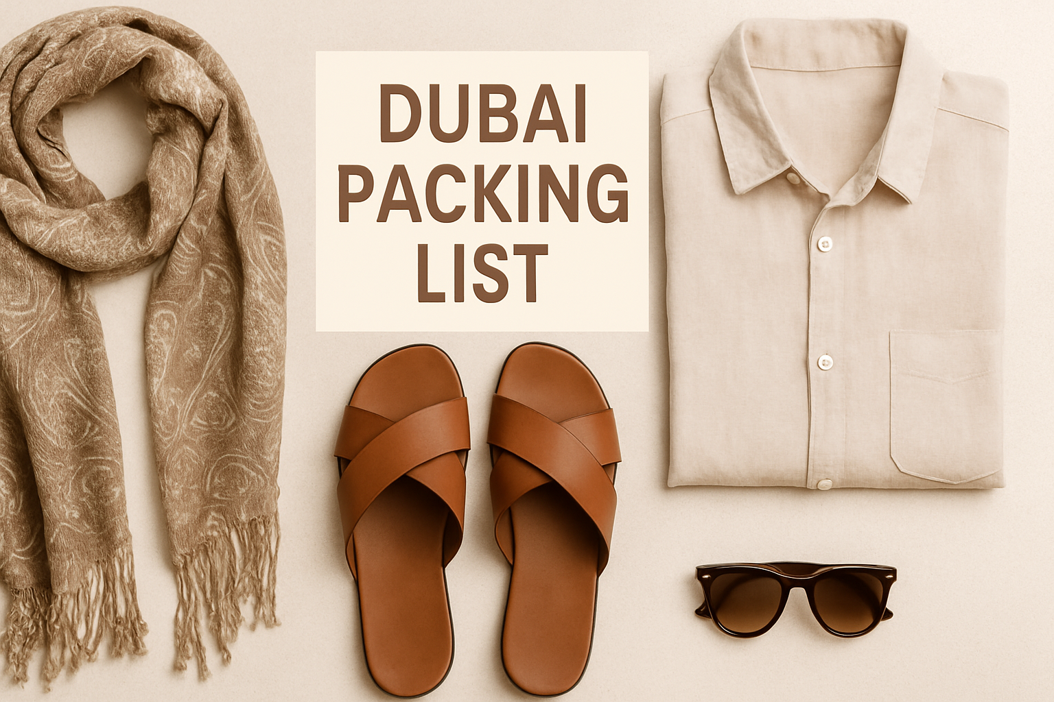 Flat lay of Dubai packing list with scarf, linen shirt, sandals, and sunglasses for tourists in 2025