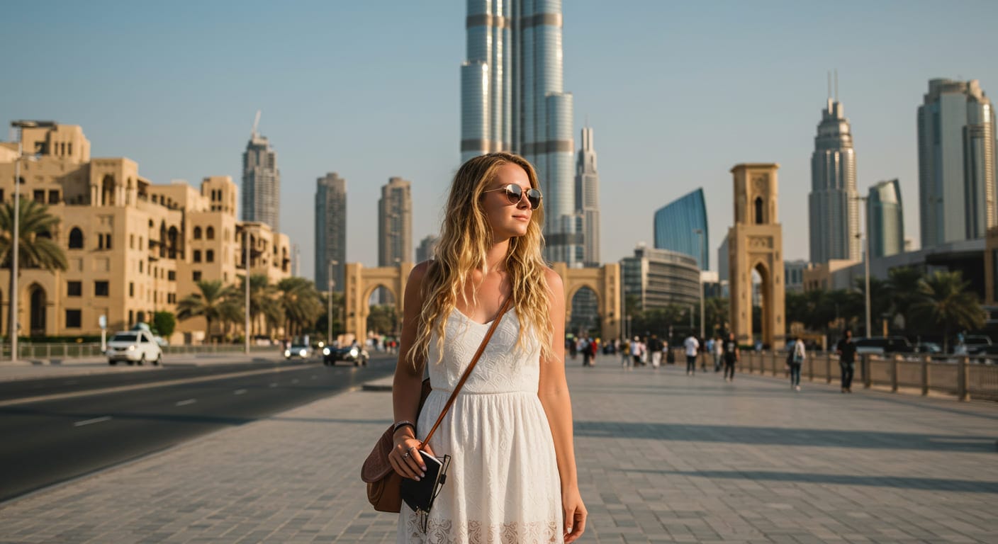 Solo female traveler walking in Dubai near Burj Khalifa, showcasing safety for tourists in 2025
