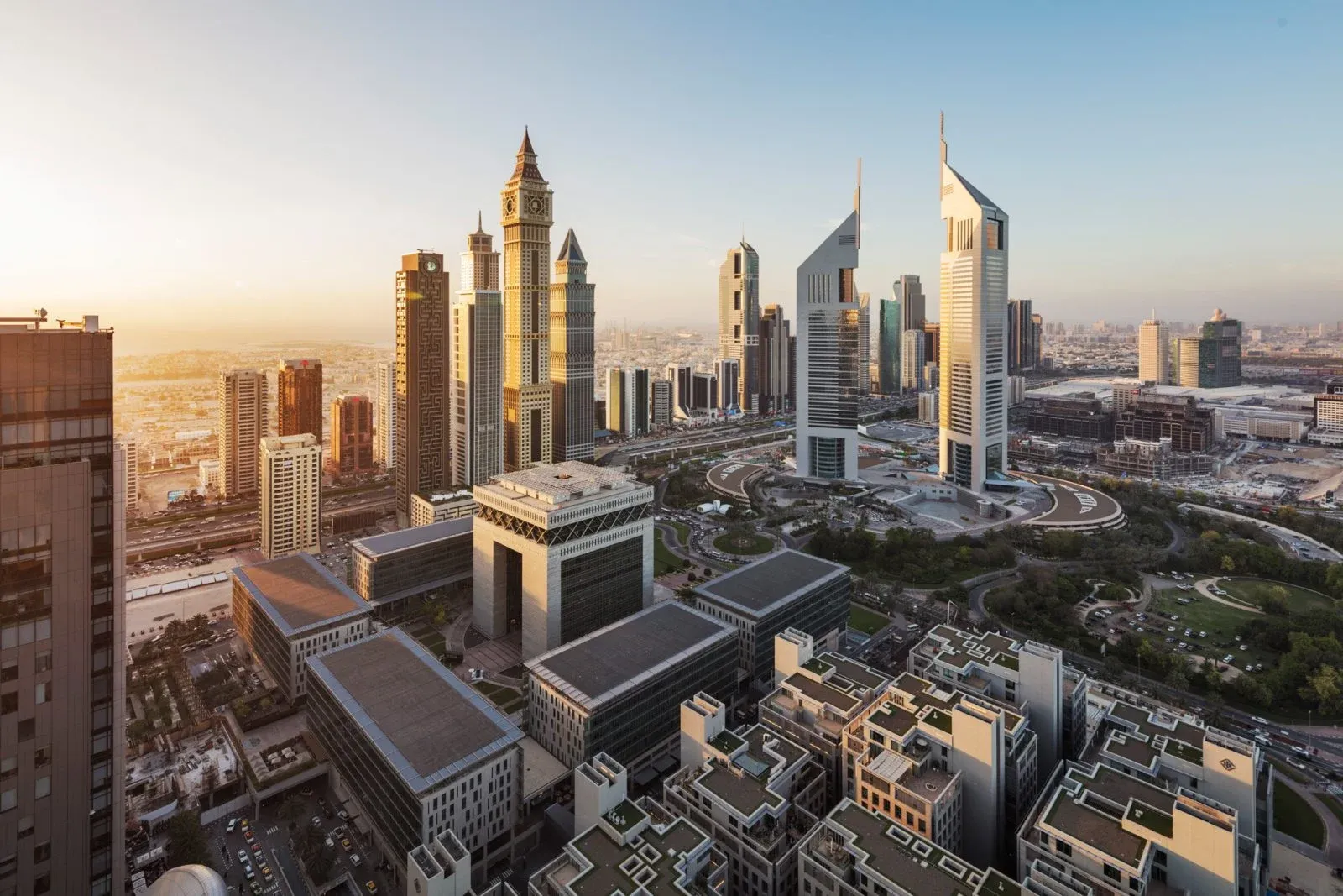 Morning view of Dubai DIFC business district highlighting government office working hours