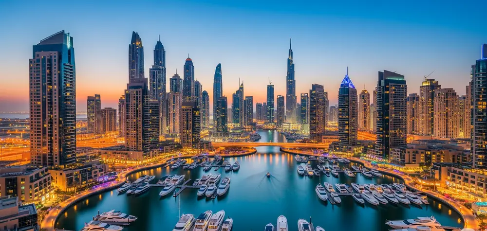 Dubai Marina skyline with yachts at sunset reflecting luxury lifestyle and premium housing costs in 2025