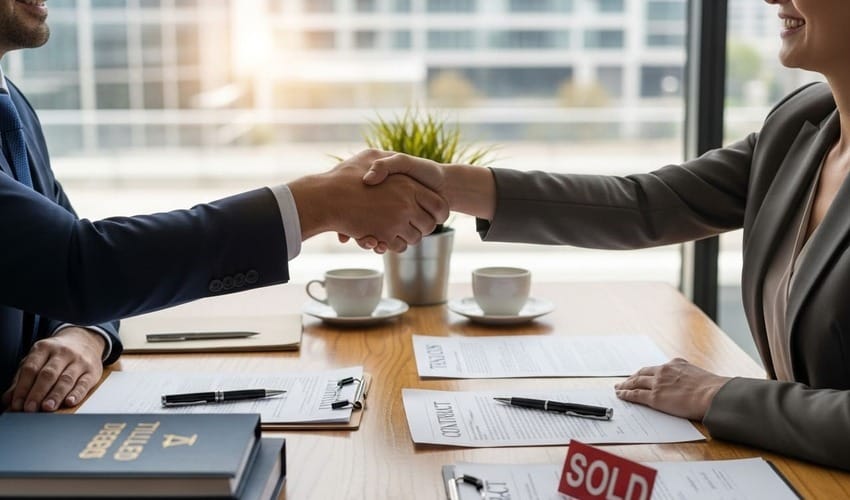 Foreign buyer and seller shaking hands after signing Dubai property sale agreement with sold sign