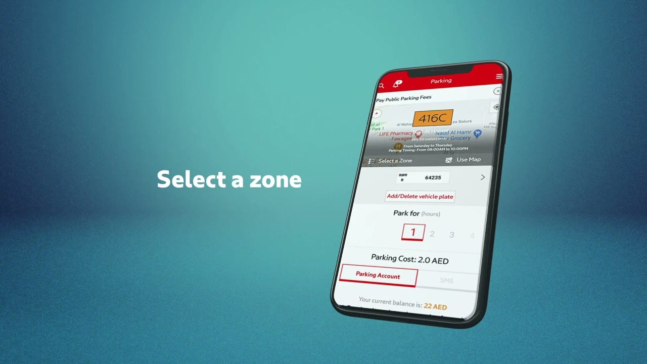 Dubai RTA parking app showing how tourists can pay for public parking zones when renting a car in 2025