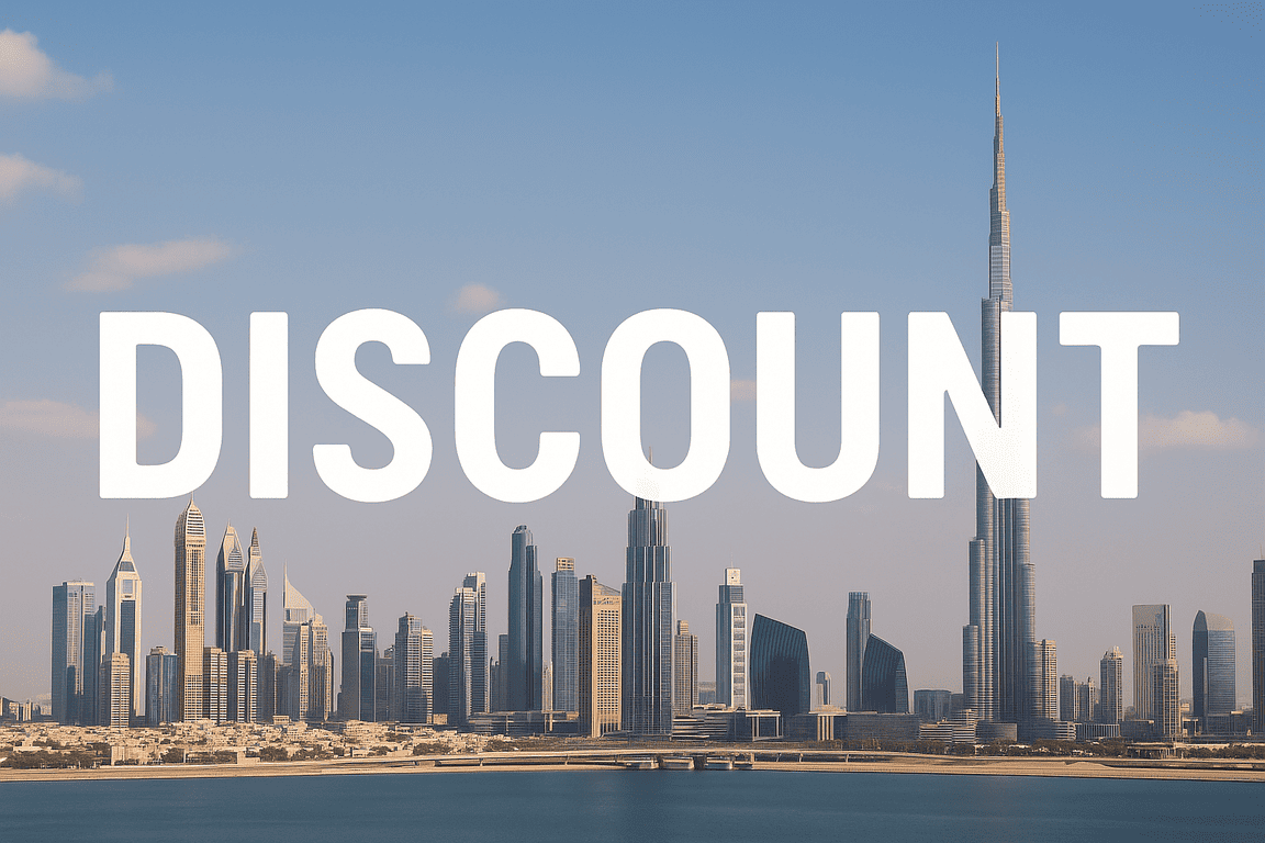 Dubai skyline with discount banner promoting car rental offers