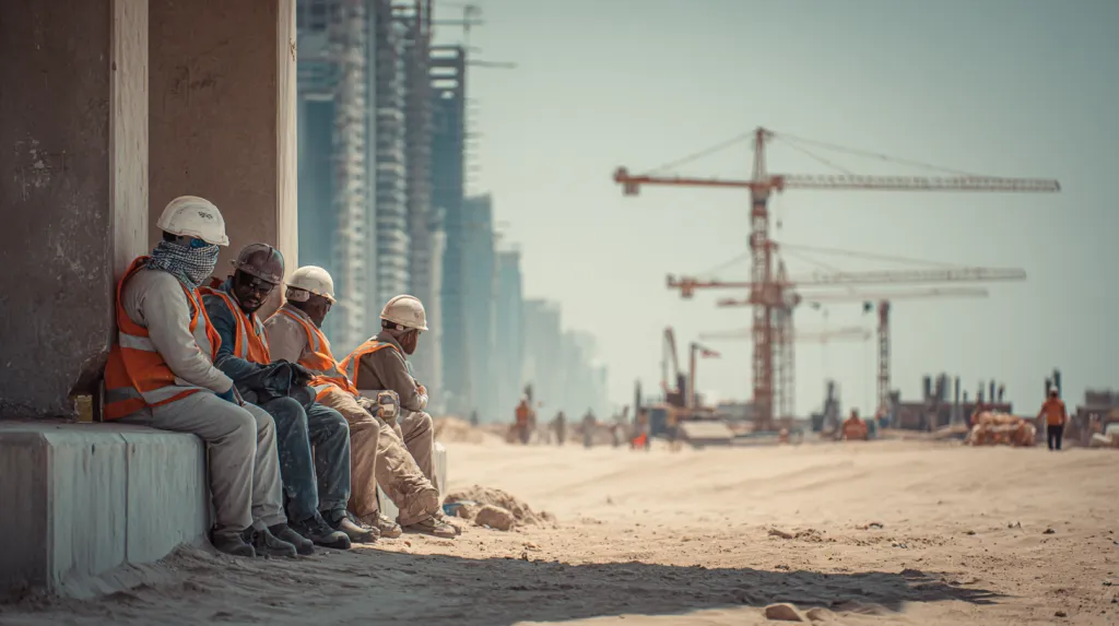 Construction workers in Dubai resting under shade during summer midday work ban