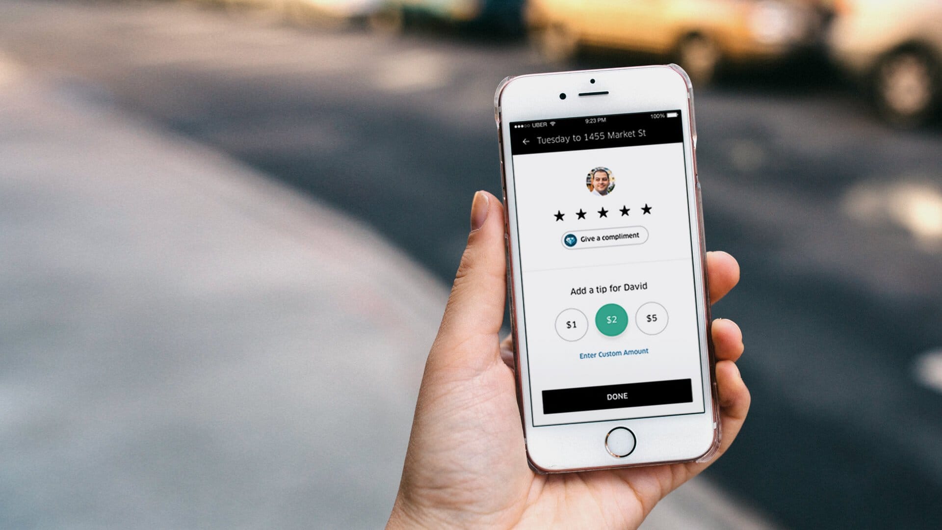 Mobile screen with taxi tipping options for driver satisfaction