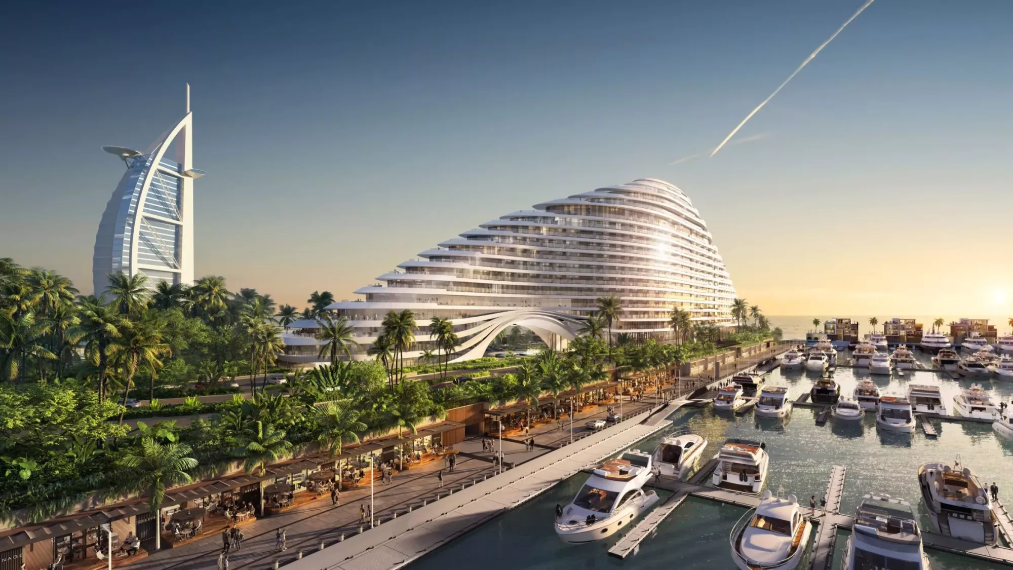 Jumeirah Marsa Al Arab at sunset in Dubai with marina, yachts, and Burj Al Arab, perfect for a 2025 luxury vacation.