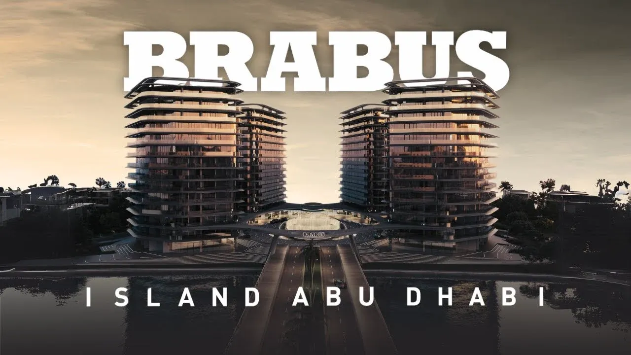 Brabus Island twin towers luxury residences at sunset, waterfront development in Abu Dhabi, UAE.