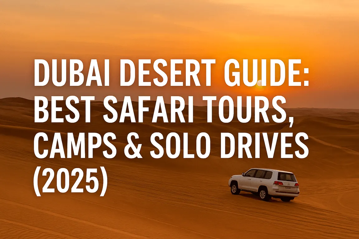 White SUV driving across Dubai sand dunes at sunset.