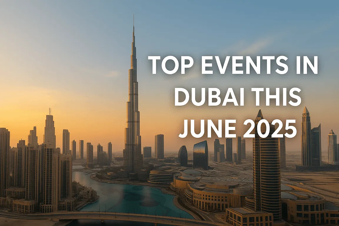 Dubai skyline at sunset with Burj Khalifa.