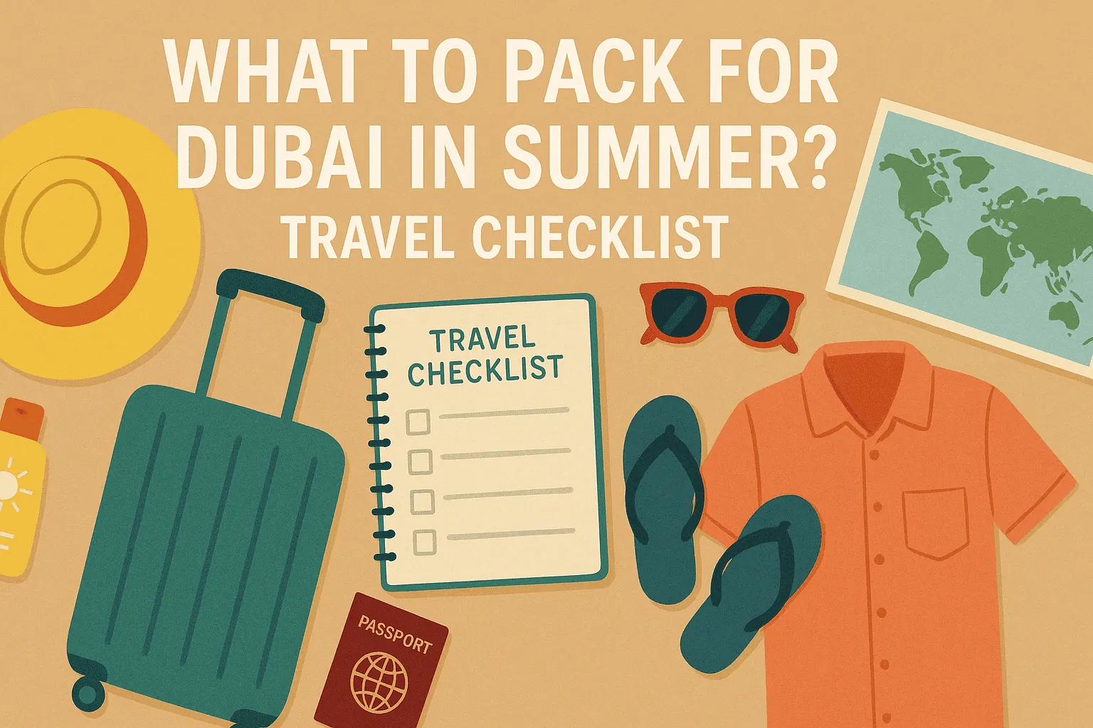 Flat lay of summer travel essentials for Dubai including hat, suitcase, sunscreen, checklist, sunglasses, and flip-flops.