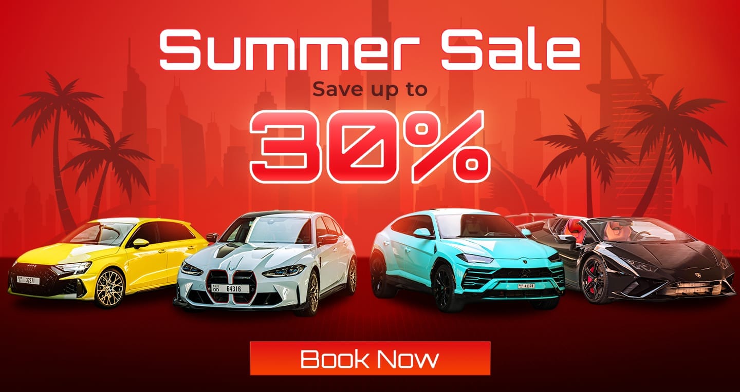 Solid Cars Dubai summer sale banner – luxury car rental with 30% off Audi, BMW, Lamborghini and more