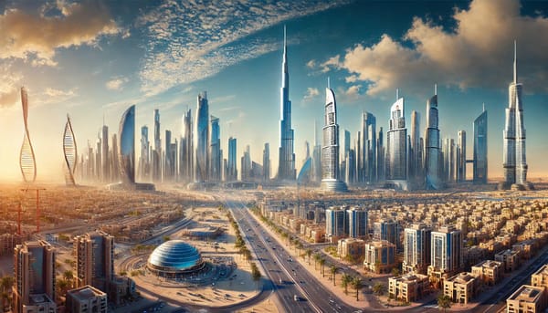 Futuristic Dubai skyline w/ Burj Khalifa & skyscrapers at sunset—innovative architecture in visionary cityscape.