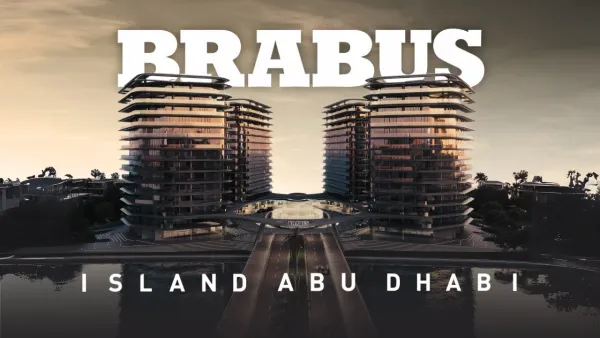 Brabus Island twin towers luxury residences at sunset, waterfront development in Abu Dhabi, UAE.