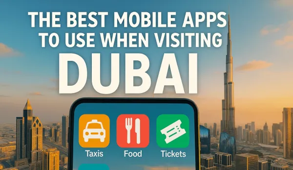 Smartphone showing best apps for tourists in Dubai with Burj Khalifa skyline during sunset in the background.