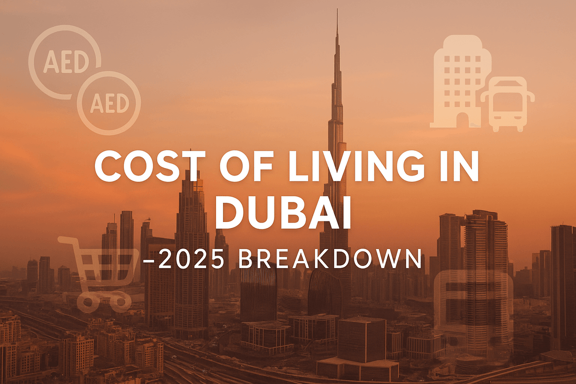 Cost of living in Dubai 2025 with Burj Khalifa skyline at sunset and icons for housing, transport, and shopping.