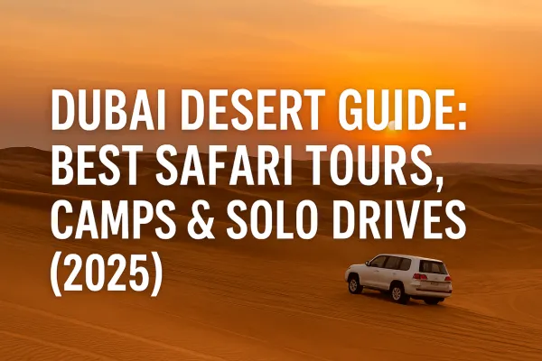 White SUV driving across Dubai sand dunes at sunset.
