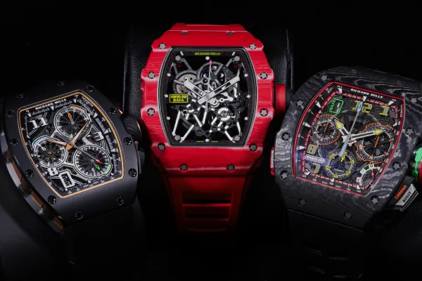Richard Mille luxury watch collection with chronograph and skeleton designs.