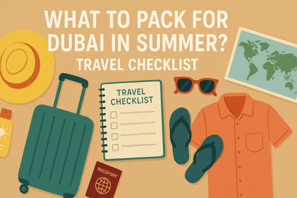 Flat lay of summer travel essentials for Dubai including hat, suitcase, sunscreen, checklist, sunglasses, and flip-flops.
