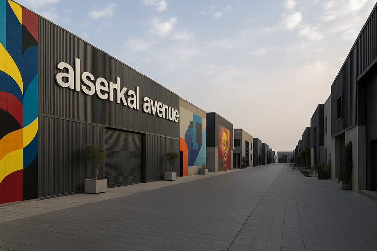 Alserkal Avenue entrance with mural-adorned warehouses in Dubai’s Al Quoz creative district.