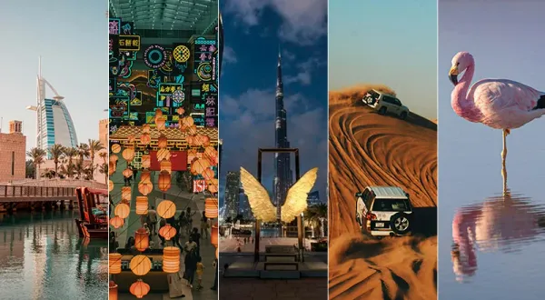 Collage of free activities in Dubai including desert drive, flamingo spotting, Burj Khalifa, and souks – 2025 travel guide