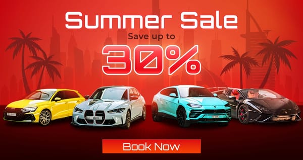 Solid Cars Dubai summer sale banner – luxury car rental with 30% off Audi, BMW, Lamborghini and more