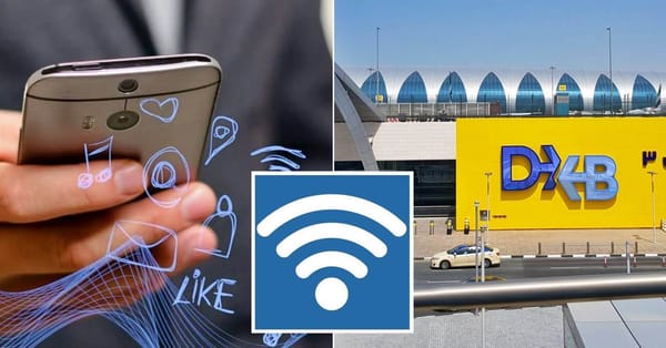 DXB Dubai Airport free Wi-Fi sign with smartphone connectivity illustration.